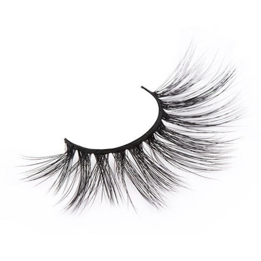 On a white background, beautiful black eye lashes called Miami Faux Mink Lashes in a round shape. 20mm length. natural volume. Material : 3D Mink- Soft and Fluffy Silk