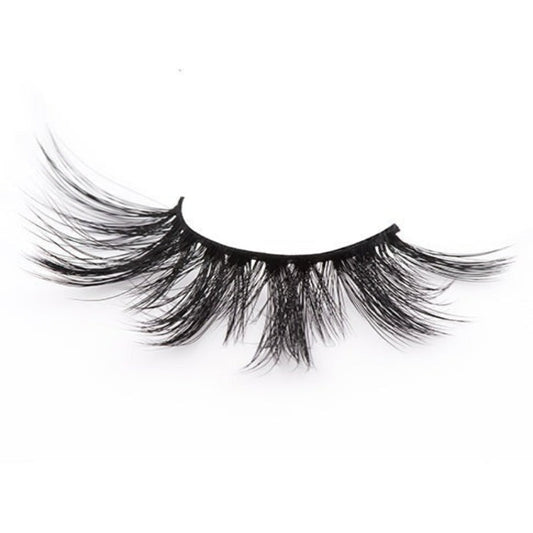 On a white background, beautiful black eye lashes called Queen 3D Faux Mink Lashes. 20mm length. Style: Double and triple layered.