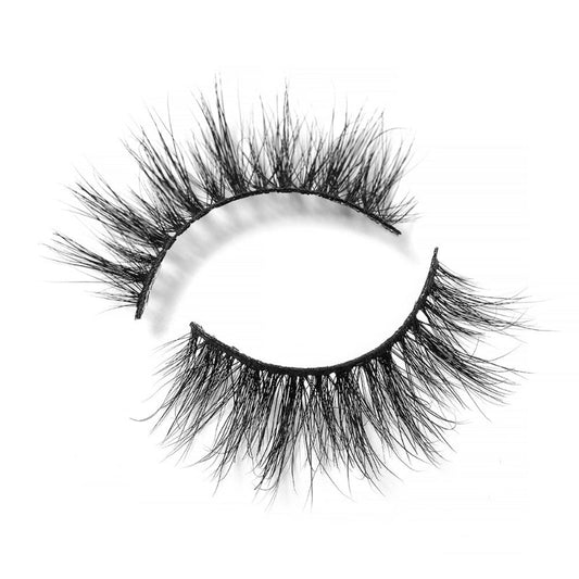 On a white background, beautiful two black eye lashes called Baddie 3D Mink Lashes in a round shape. 15mm length. natural volume. Material : 3D Mink. Wispy, Fluttery Effect.