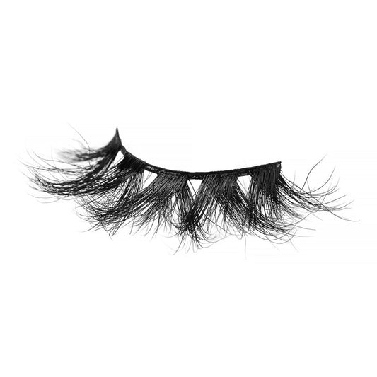 On a white background, beautiful black eye lashes called Tamika Mink Lashes in a flare shape. 20mm length. Material : 3D Mink. Bold, Fluttery, Full-Body Effect.